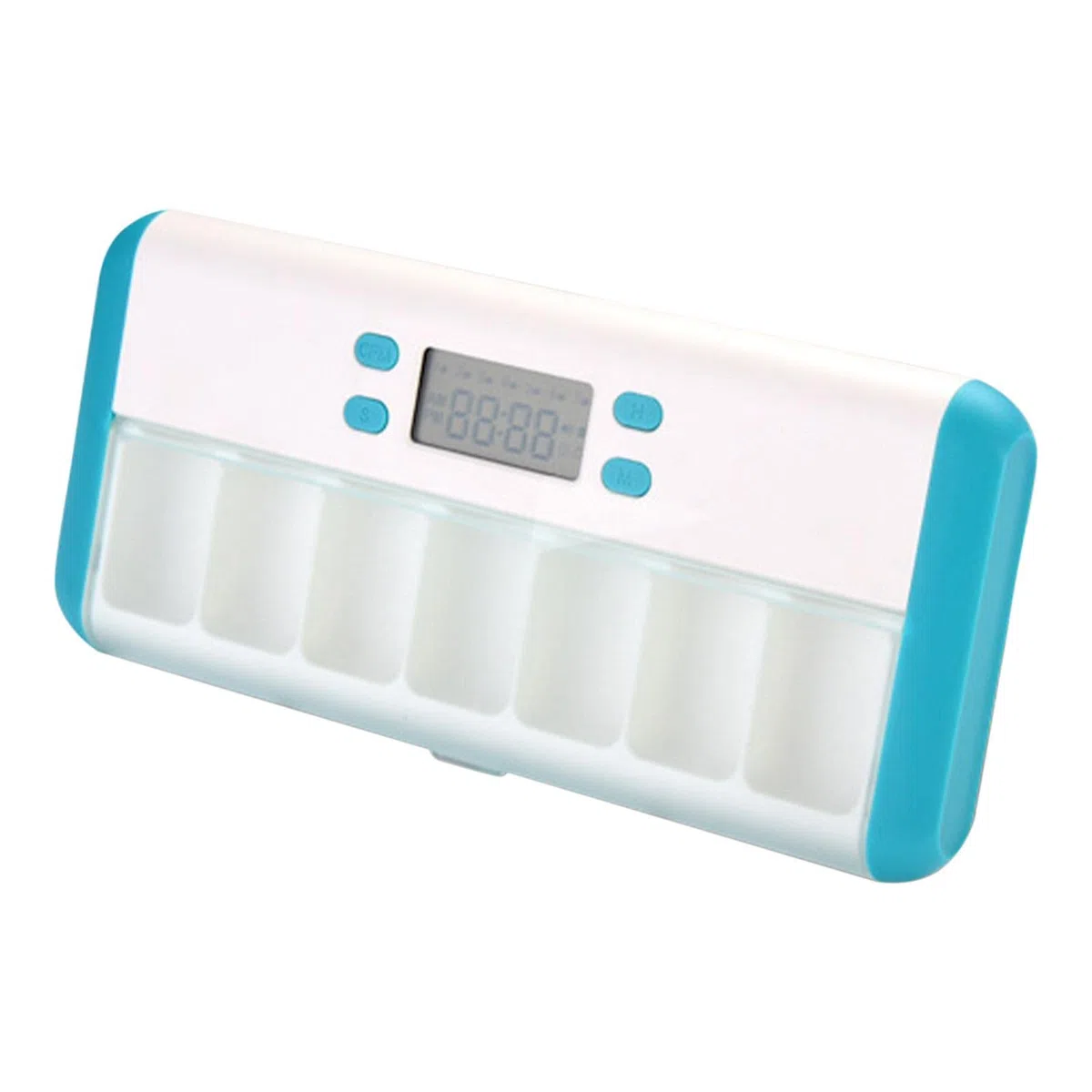 Qianly Pills Reminder Case Portapillole Settimanale con Allarme Intelligente Timer Box Farmaci 7 Scomparti Vibrazione E Luce Lampeggiante Funzione Push, Bianco blu