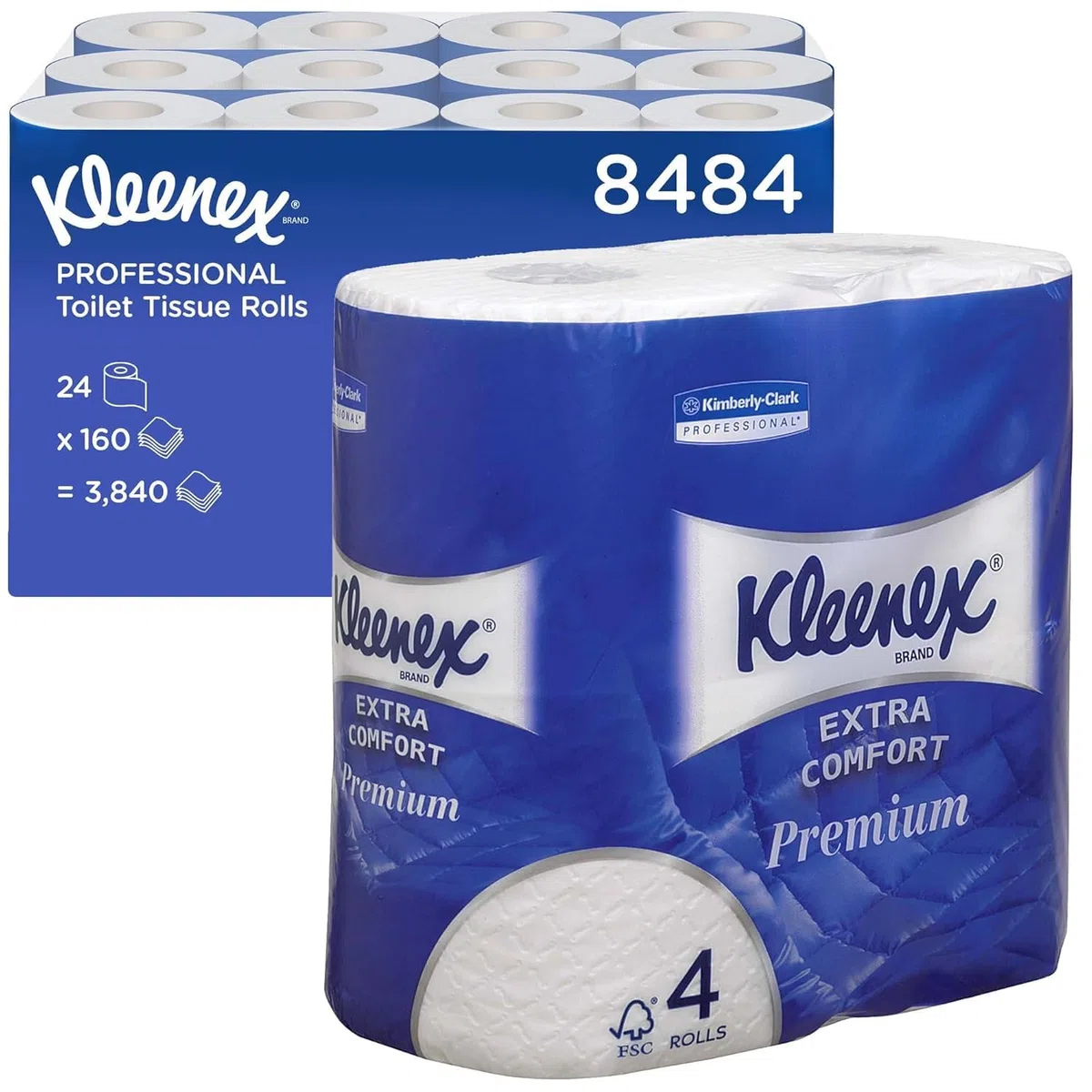 Kleenex Extra Confort Carta igienica, 4 veli, morbidezza ottima, Con Certificazione FSC, 24 Rotoli Piccoli da 160 Fogli, Premium, Bianco, Nr. Articolo 8484