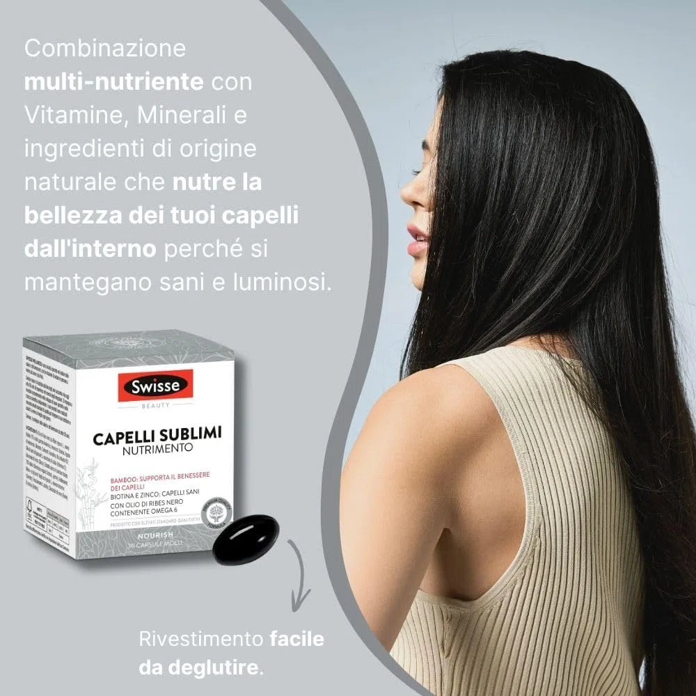 SWISSE Beauty - Integratori per Capelli Donna e Uomo con Vitamina C per Proteggere le Cellule dallo Stress Ossidativo, Integratore con Biotina e Zinco per Capelli Sani, 30 Capsule Molli, Made in Italy
