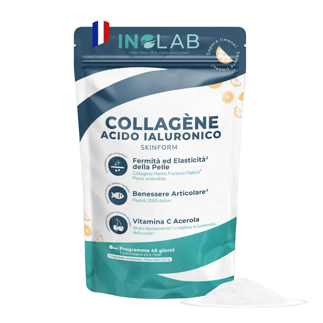 INOLAB collagene marino con acido ialuronico | Peptidi di Collagene idrolizzato 2000 Da | Collagene da bere in Polvere con Vitamina C Naturale | 45 Dosi 242g | Aroma naturale Limone