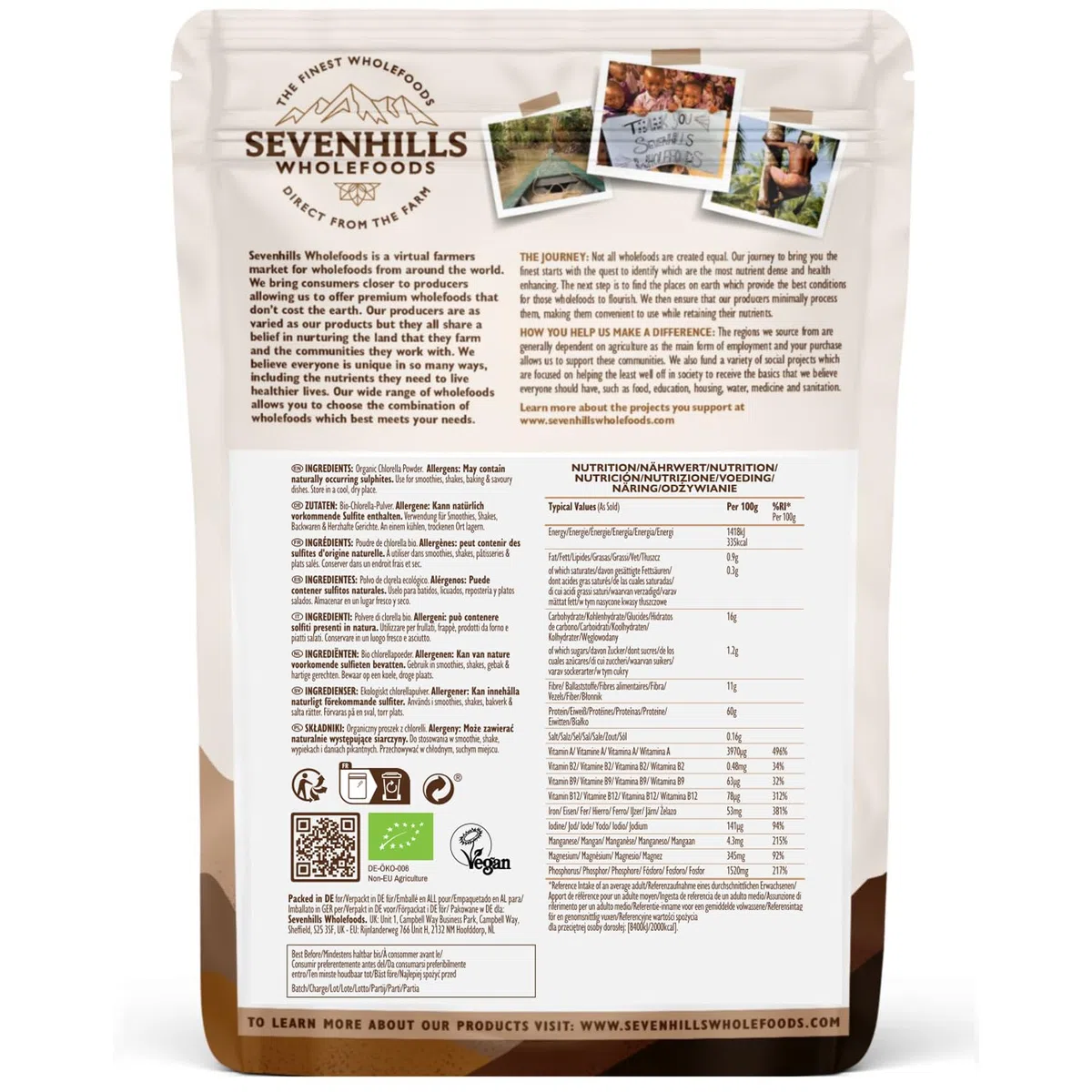 Sevenhills Wholefoods Polvere Di Clorella, Parete Cellulare Rotto Bio 500g