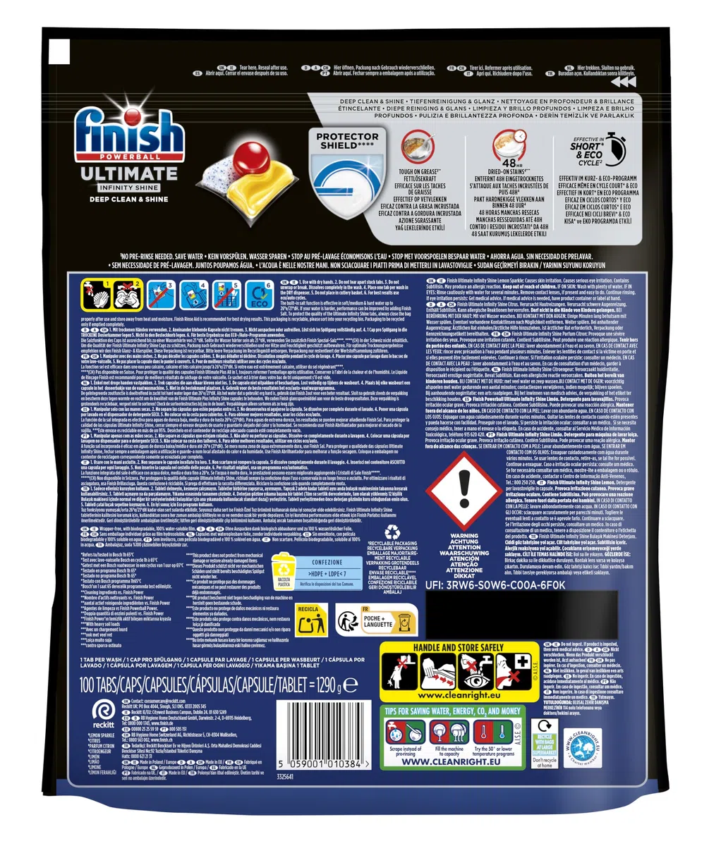 Finish Ultimate Infinity Shine Pastiglie Lavastoviglie, 100 Capsule Lavastoviglie al Limone, Pastiglie per Lavastoviglie contro lo Sporco e i Residui Incrostati