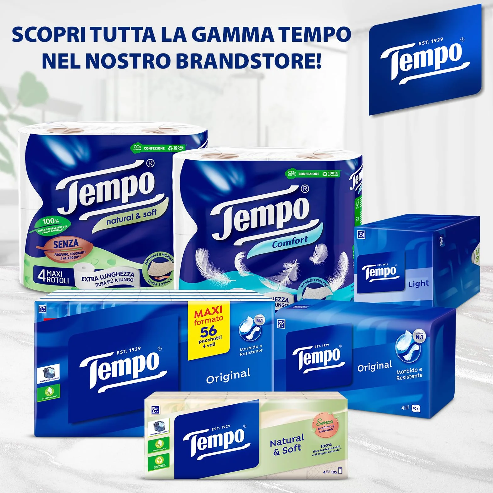 Tempo, Carta Igienica Natural & Soft, Morbida e Resistente, 48 Maxi Rotoli, Composti da 100% di Fibre Biodegradabili, Senza Profumo o Allergeni