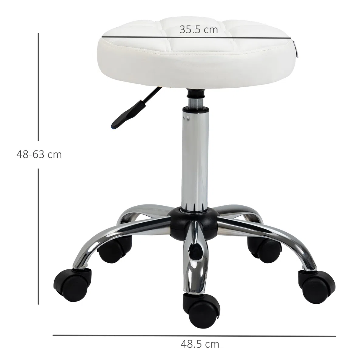 HOMCOM Sgabello Girevole con Ruote Rotondo, Sgabello per Parrucchiere ed Estetista con Altezza Regolabile, Imbottito in Finta Pelle, Bianco