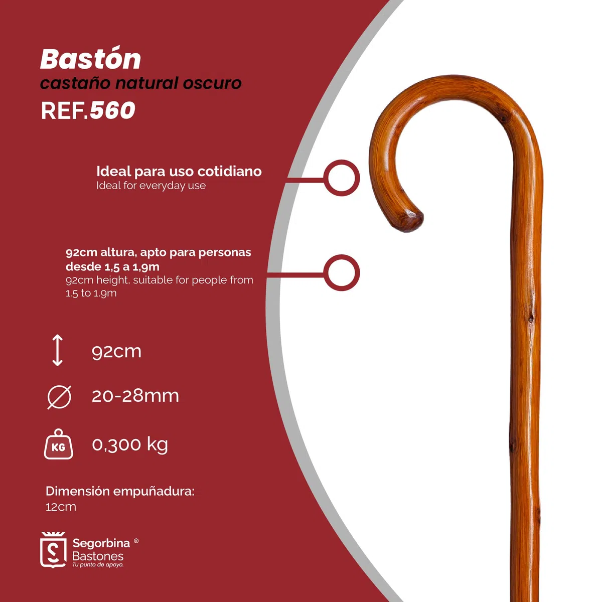 Bastone di supporto Camminare Legno Marrone 92 cm con Manico Curvo e Puntale in Gomma, Baton per Anziani (560)
