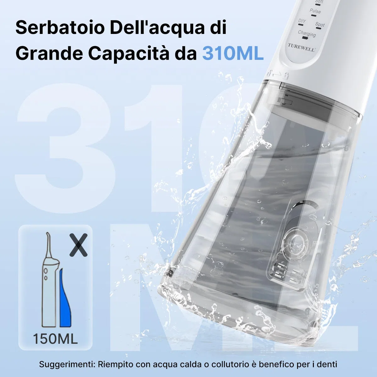 TUREWELL Idropulsore Dentale Portatile 310ML con 5 Modalità, 4 Ugelli, Irrigatore Orale Ricaricabile IPX7 Impermeabile per Casa e Viaggio, Migliora la Salute Dentale