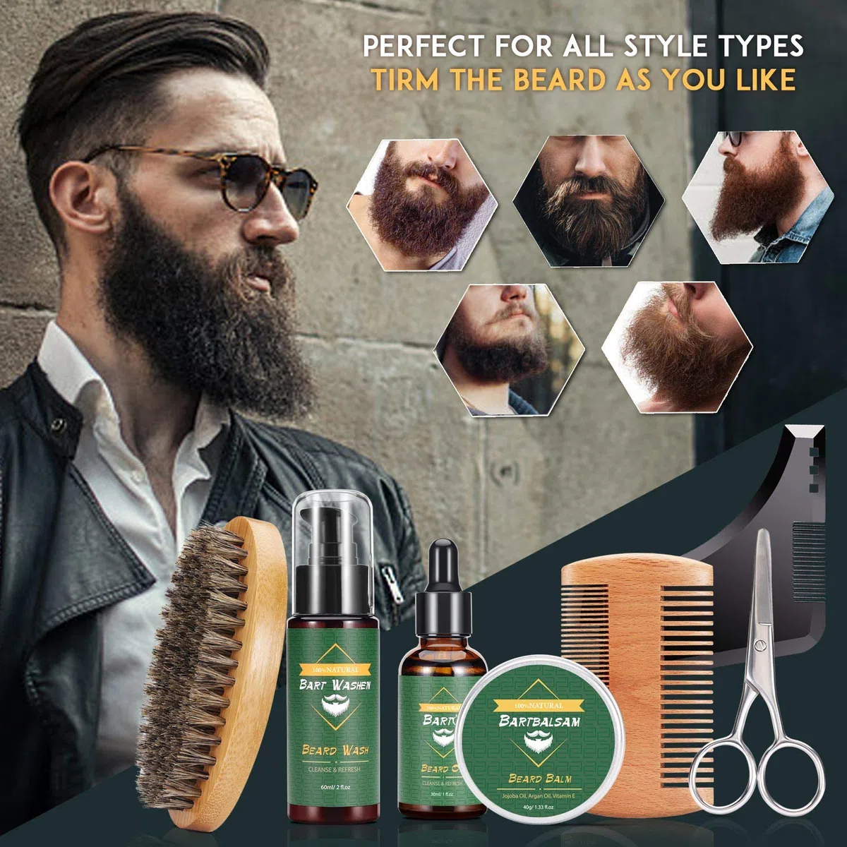 Kit Barba per Uomo 9 in 1 kit per La Cura della - Cura Barba con Olio Barb, Balsamo, Shampoo Barb, Spazzola, Pettine, Forbici, Borsa di Stoccaggio, Perfetto Regali per Uomo