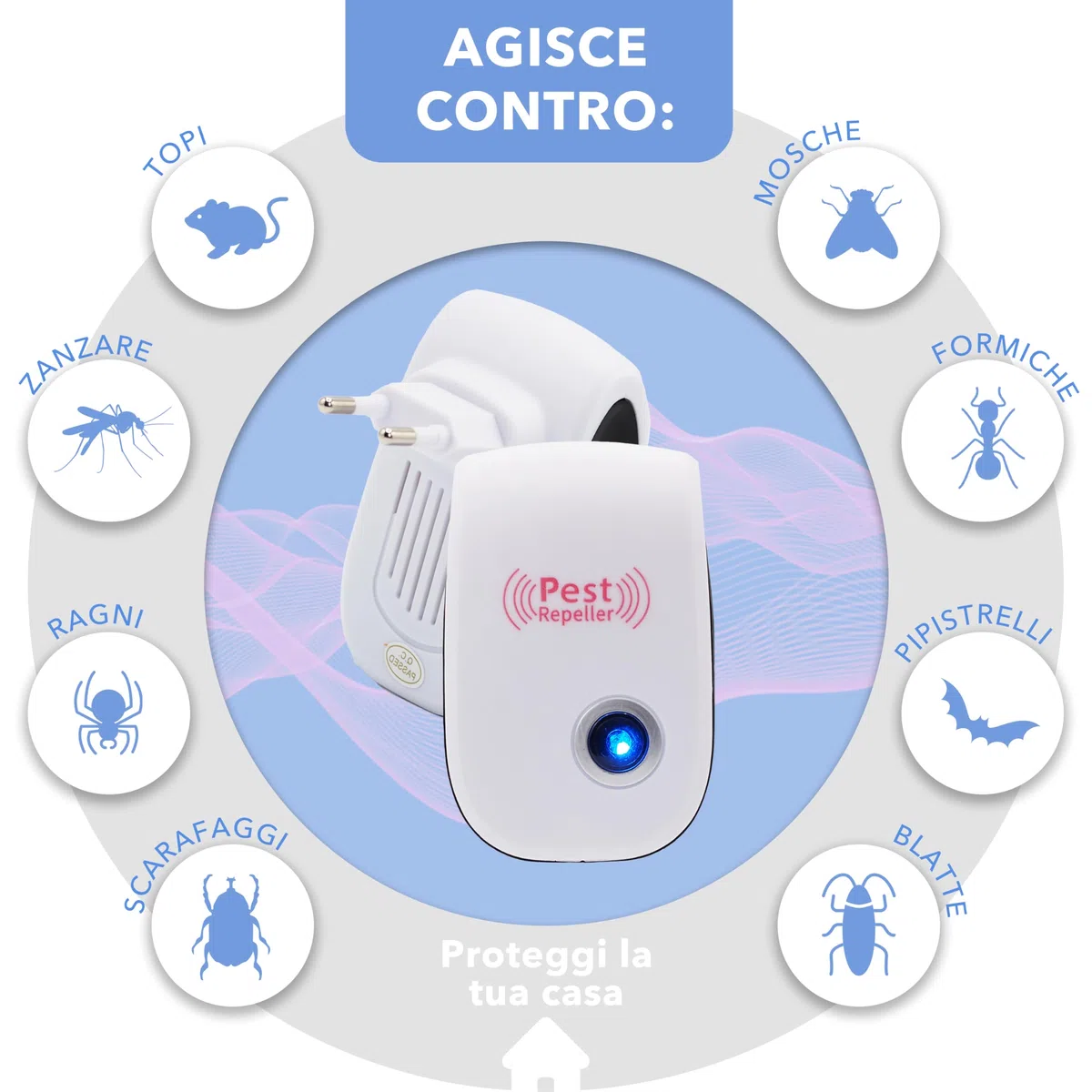Repellente Ultrasuoni Interno per Topi, Zanzare, Mosche, Formiche e Insetti Vari - Antizanzare Ultrasuoni da Interno Inodore, Silenzioso e Innocuo per Animali Domestici, Bambini e Adulti