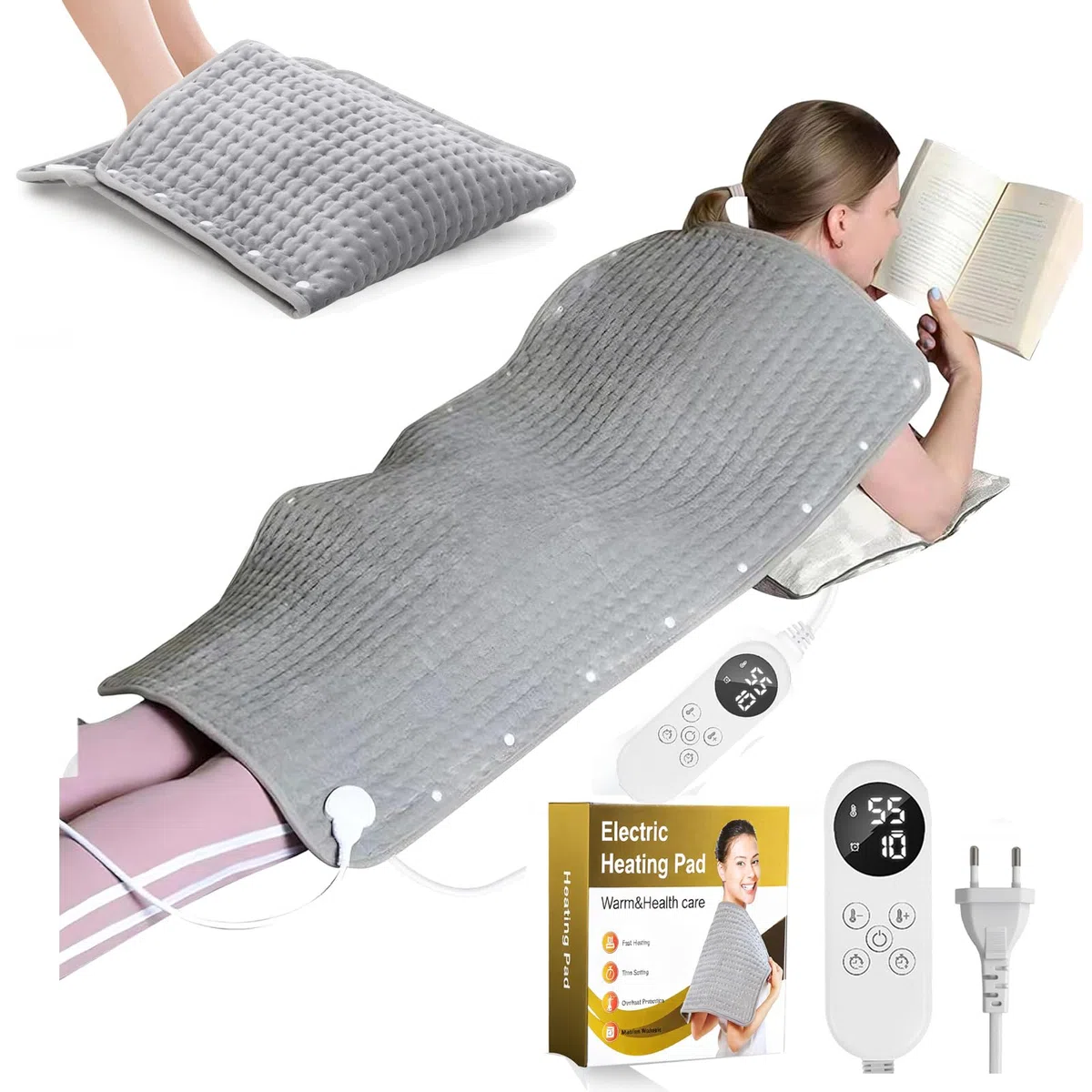 Coprimaterasso elettrico riscaldato 100x50 cm, scaldapiedi 2 in 1 - Coprimaterasso termico per un calore avvolgente - Con 9 impostazioni di calore (25-55 °C) e 4 timer, lavabile - Per casa e ufficio