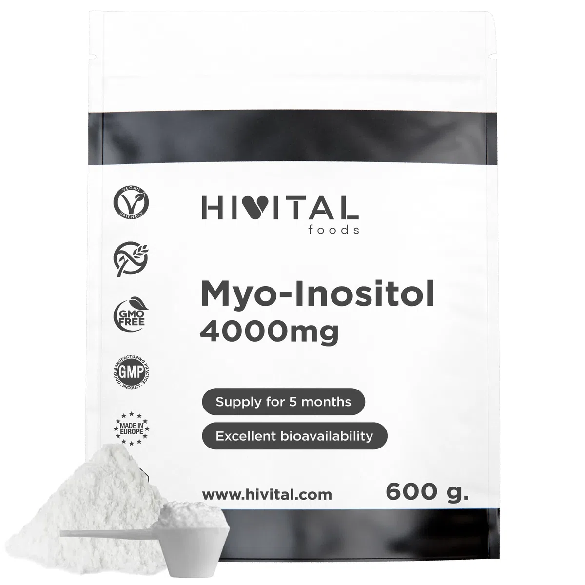 Myo Inositolo 4000 mg. Pack da 600 g. per 5 mesi di trattamento. Regolatore ormonale 100% Vegano. Il Myo-Inositolo per aiutare con la PCOS o PCOS. Prodotto in Europa da HIVITAL