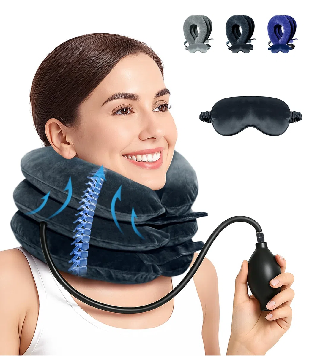 Trazione Cervicale Collare Cervicale Gonfiabile - Cuscino Cervicale da Viaggio con Maschere per dormire per Alleviare Dolore alla Colonna Cervicale Durante i Viaggi, Lavoro e Campeggio (Nero)
