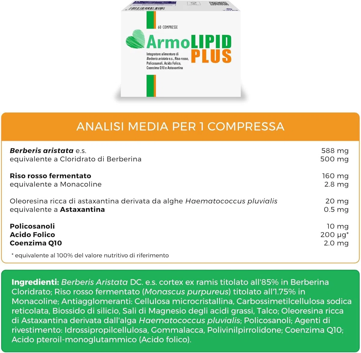 ArmoLipid Plus 60 Compresse, Integratore Alimentare con Berberis Aristata, Riso Rosso Fermentato, Acido Folico, Policosanoli, Coenzima Q10 e Astaxantina