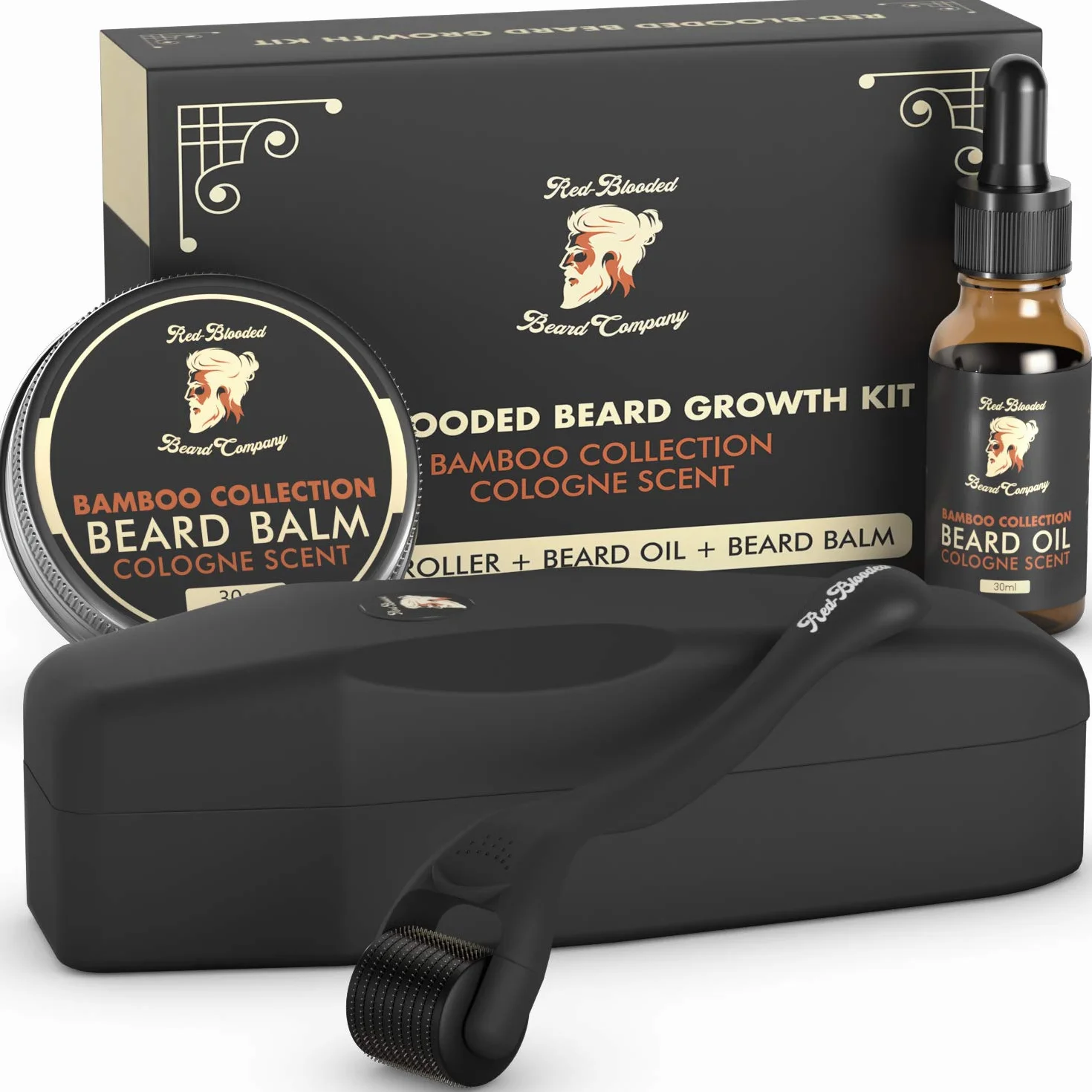 Red-Blooded Kit Crescita Barba Uomo - Beard Roller + Olio barba + Balsamo Barba | Stimolare La Crescita Della Barba | Kit Barba Uomo Professionale | Set Barba Uomo Regalo | Dermaroller Barba