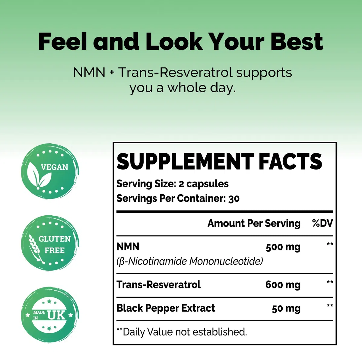 Ultra Purezza NAD + Trans-resveratrolo 1100 mg, con Pepe Nero 50 mg per un Assorbimento Ottimale, Formula Avanzata 3 in 1 per Aumentare i Livelli di NAD+ (60 Unità (Confezione da 1))