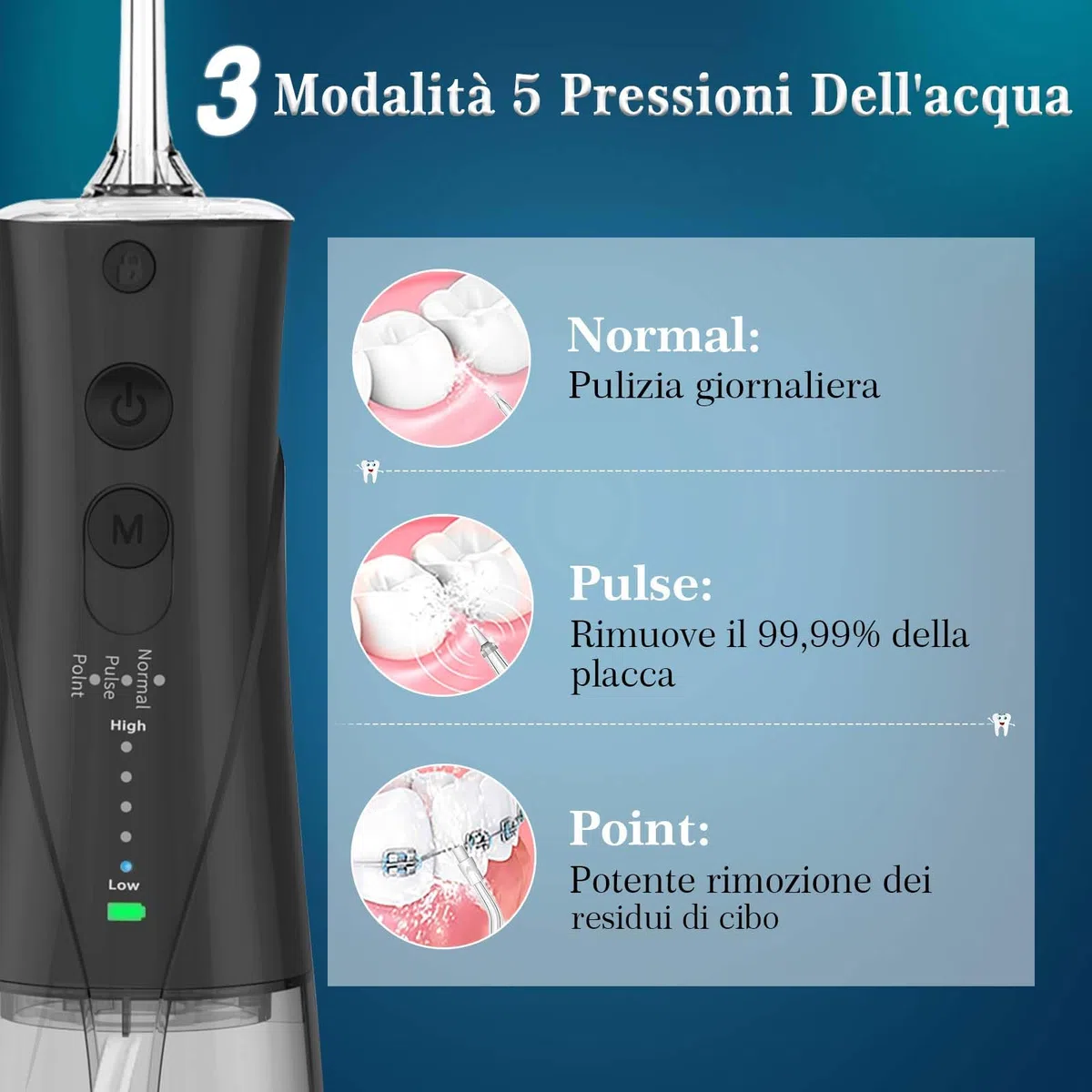 SURFOU Idropulsore Dentale Portatile 3 Modalità 5 Pressione dell'acqua e 7 Ugelli, 230 ml IPX7 Impermeabile USB Ricaricabile per Viaggi e uso Domestico
