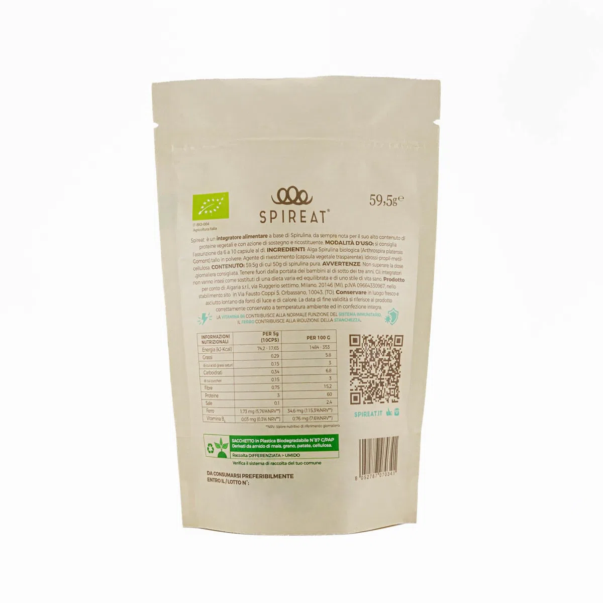 Capsule di Spirulina Pura - Italiana e Biologica - 100 capsule per confezione - 0,5 g per capsula - rilascio immediato, senza sapore, ricca di vitamine, proteine e sali minerali