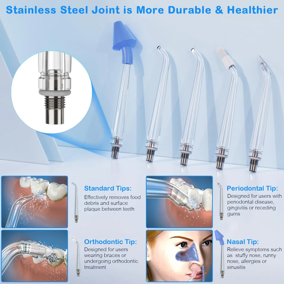 Idropulsore Dentale Senza Fili, Mini Irrigatore Orale Portatile con Custodia, 4 Modalità e 5 Ugelli, Filo Interdentale Elettrico, IPX7 Impermeabile, Adatto per Casa e Viaggi, Blu