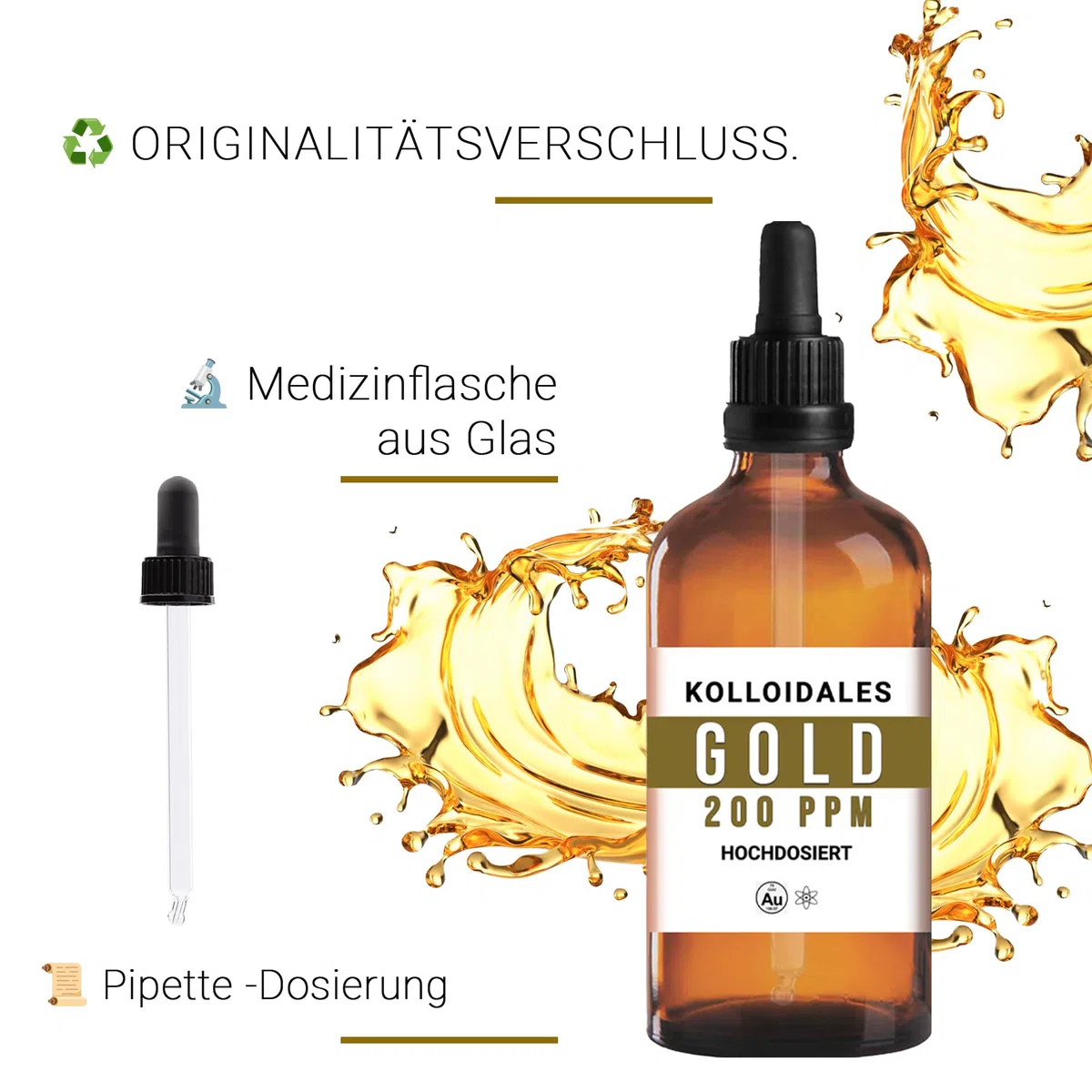 Oro colloidale 200 ppm (100 ml) – Dispersione Premium in vetro marrone farmaceutico con pipetta di precisione – Tecnologia di particelle fini, materiali certificati – Manna Colloidal Gold