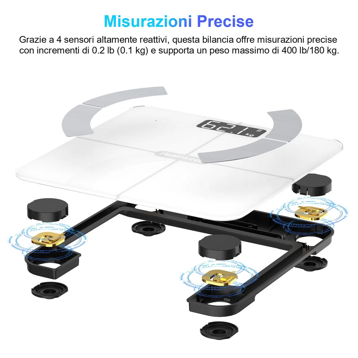 Healthkeep Bilancia Impedenziometrica Professionale, Bilancia Pesapersone Digitale 4 Elettrodi con App, Analizza Massa Grassa, Muscoli, BMI, 13 Misurazioni, Max 180 kg