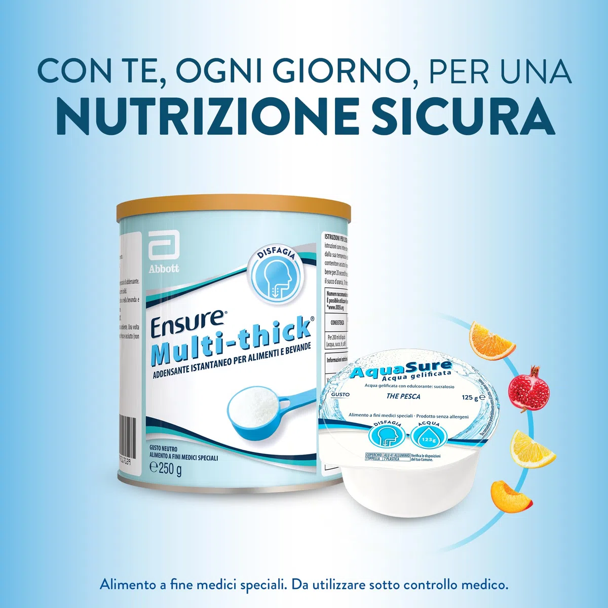 Abbott Nutrition | AquaSure 24 Confezioni x125 g | Acqua Gelificata per il trattamento dietetico di soggetti affetti da disfagia e problemi della deglutizione | gusto Pesca