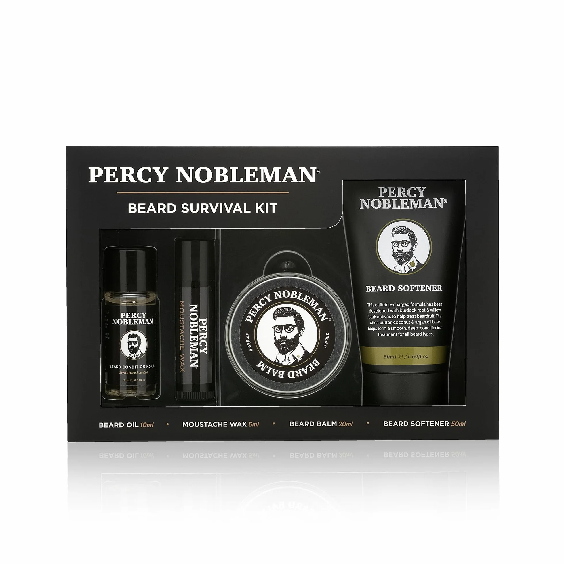 Percy Nobleman Kit per la Barba, un set per la cura della barba contenente un olio profumato per la barba, un balsamo per la barba, una cera per i baffi e un ammorbidente per la barba