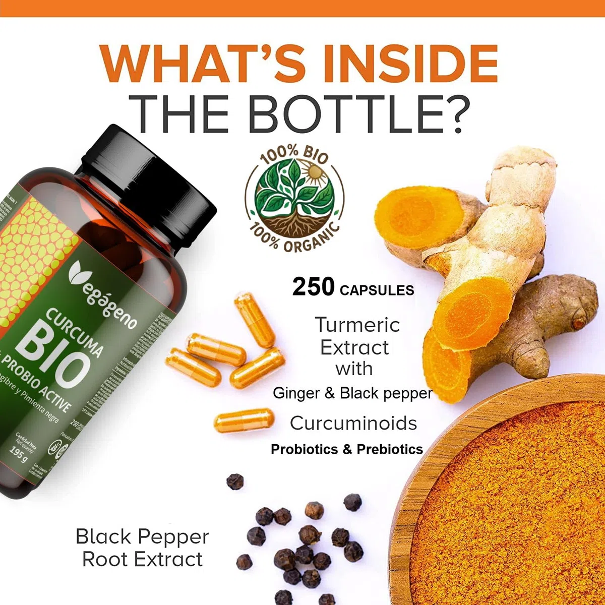Curcuma BIO con Piperina e Zenzero – 250 Capsule (Scorta 4 Mesi) con Probiotici (200 milioni di UFC) e Prebiotici (Inulina Bio) – Curcumina e Piperina – VEGAGENO