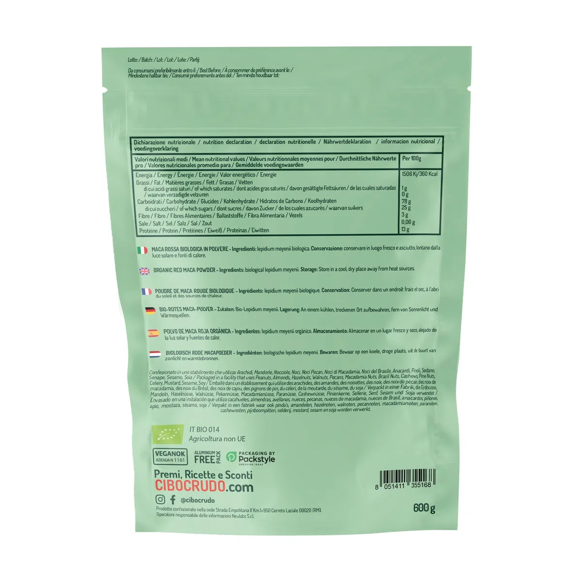 Maca Rossa Peruviana in Polvere Biologica - 600g. Maca Peruviana delle Ande Cruda e Pura Al 100% dalla Radice di Maca Bio. Fonte di Antiossidanti Vitamina C Ferro Calcio Potassio ed Energia.