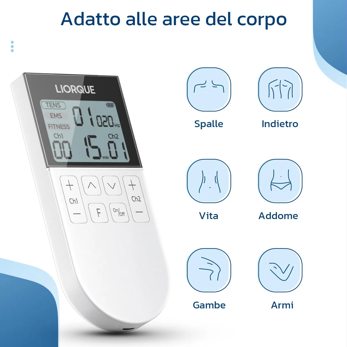 LIORQUE Elettrostimolatore Muscolare TENS/EMS/FITNESS 3 in 1, 50 Modalità, 10 Pezzi di Elettrodi TENS, 16 Livelli di Intensità per Alleviare il Dolore Bianco