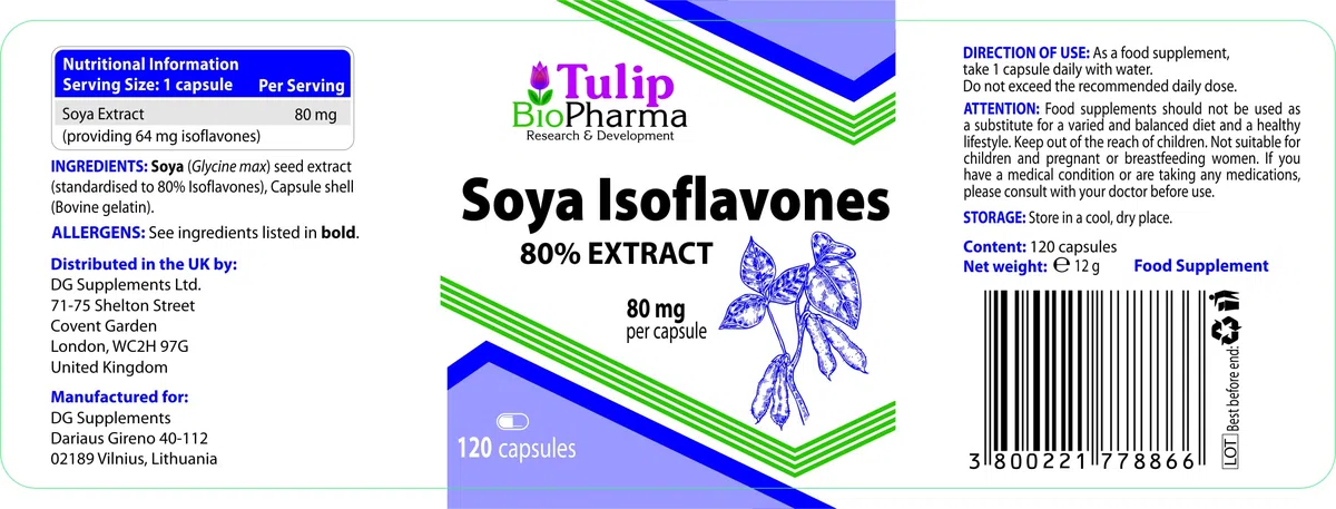 Tulip BioPharma Isoflavoni di Soia 80% | 120 Capsule | Scorta per 4 Mesi | Estratto Standardizzato ad Alta Concentrazione, Fitoestrogeni | Qualità Verificata