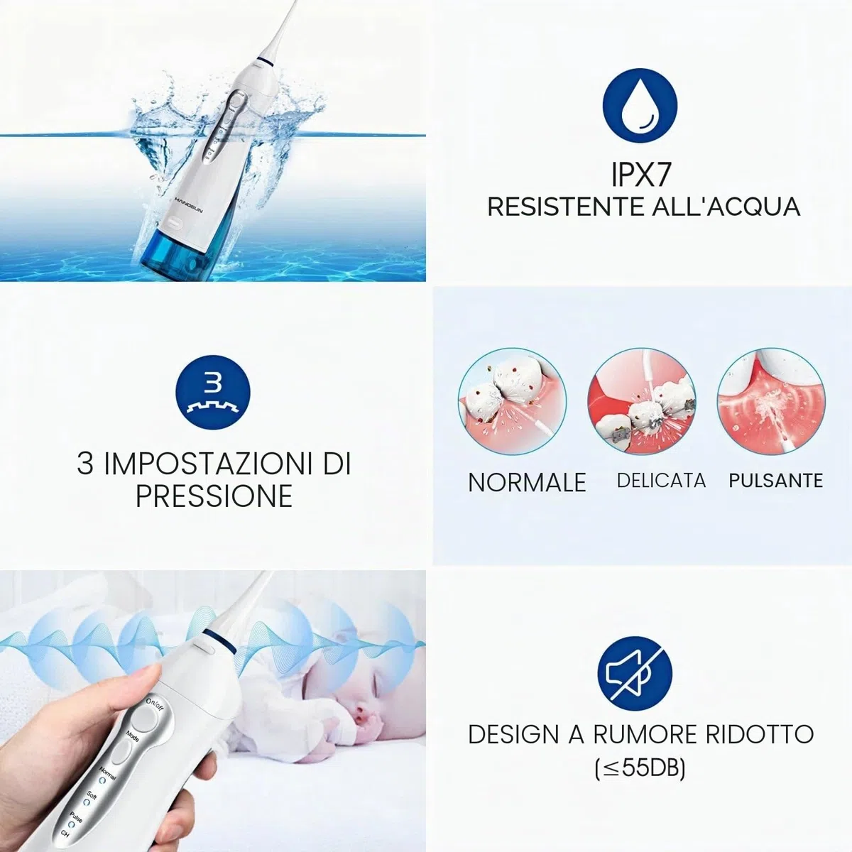 Idropulsore Dentale Portatile con 8 Ugelli Hangsun Irrigatore Dentale, 3 Modalità e Capacità 300ML, USB Ricaricabile per Ortodontico, Famiglia