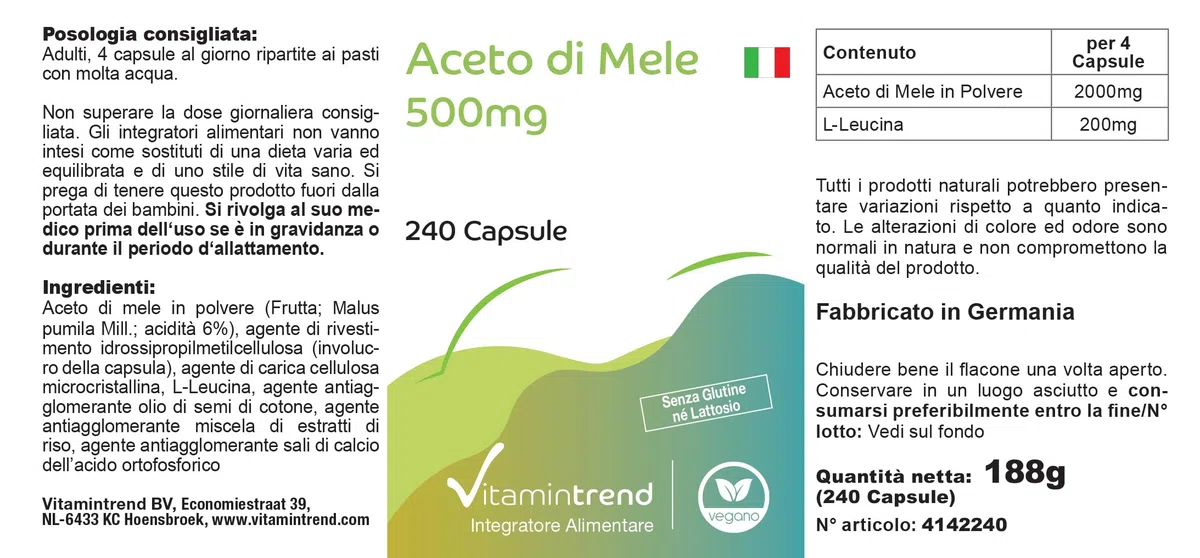 Vitamintrend Aceto di mele 500 mg, 240 capsule, 2000 mg di polvere di aceto di mele per dose giornaliera, integratore alimentare vegano senza magnesio stearato, prodotto in Germania