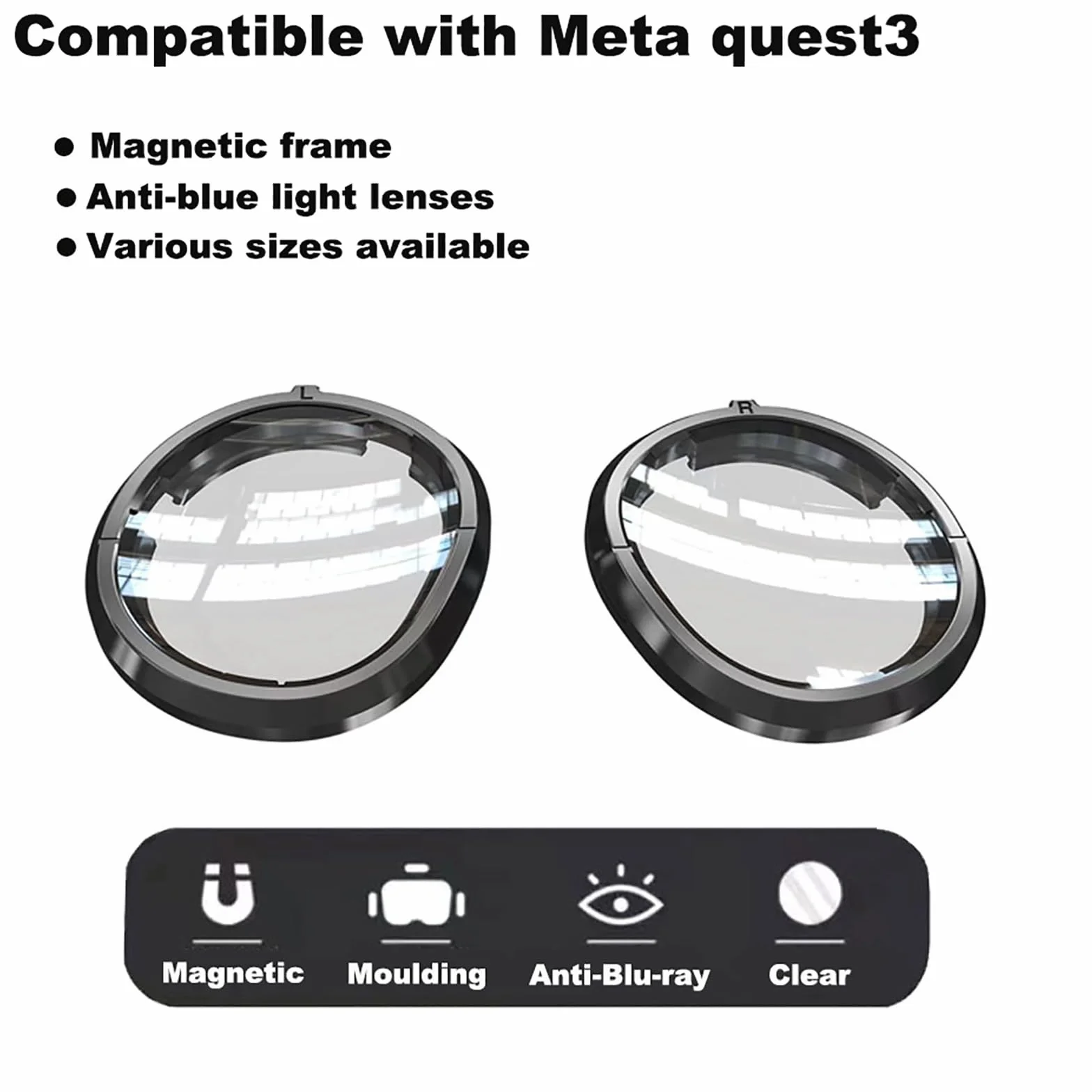 1 paio di lenti magnetiche per miopia VR per Meta Quest 3, lenti anti-luce blu, occhiali professionali VR (-3.0D)