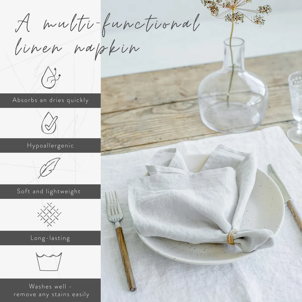 MagicLinen - Tovaglioli riutilizzabili in 100% lino per uso quotidiano, adatti per l'uso quotidiano, tovaglioli ecologici, colore: grigio chiaro