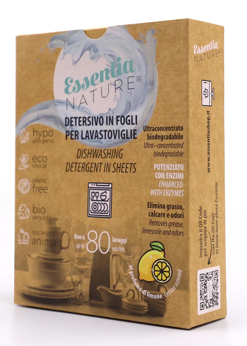 ESSENTIA Detersivo Ecologico in Fogli per Lavastoviglie | 3 Confezioni da 80 Lavaggi | Ultraconcentrato e Biodegradabile con Enzimi Naturali | Profumo Limone | Elimina Calcare e Odori | Plastic Free