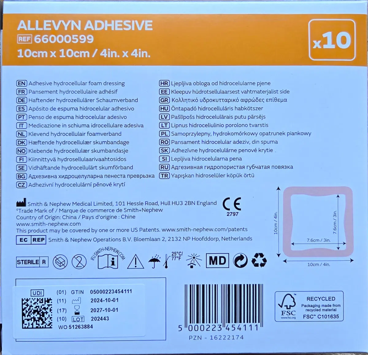 Allevyn Classic, Adhesive Dressing, cerotto per bendaggio, 10 cm x 10 cm. Confezione da 10