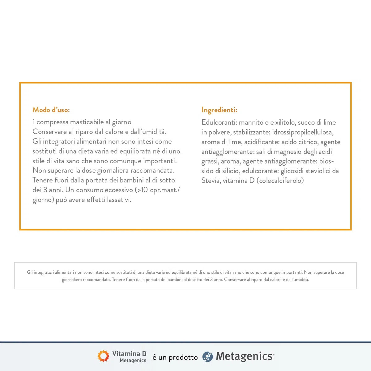 Metagenics Vitamina D 1000 U.I. - Integratore Sistema Immunitario - Per la Salute delle Ossa - 168 Compresse Masticabili