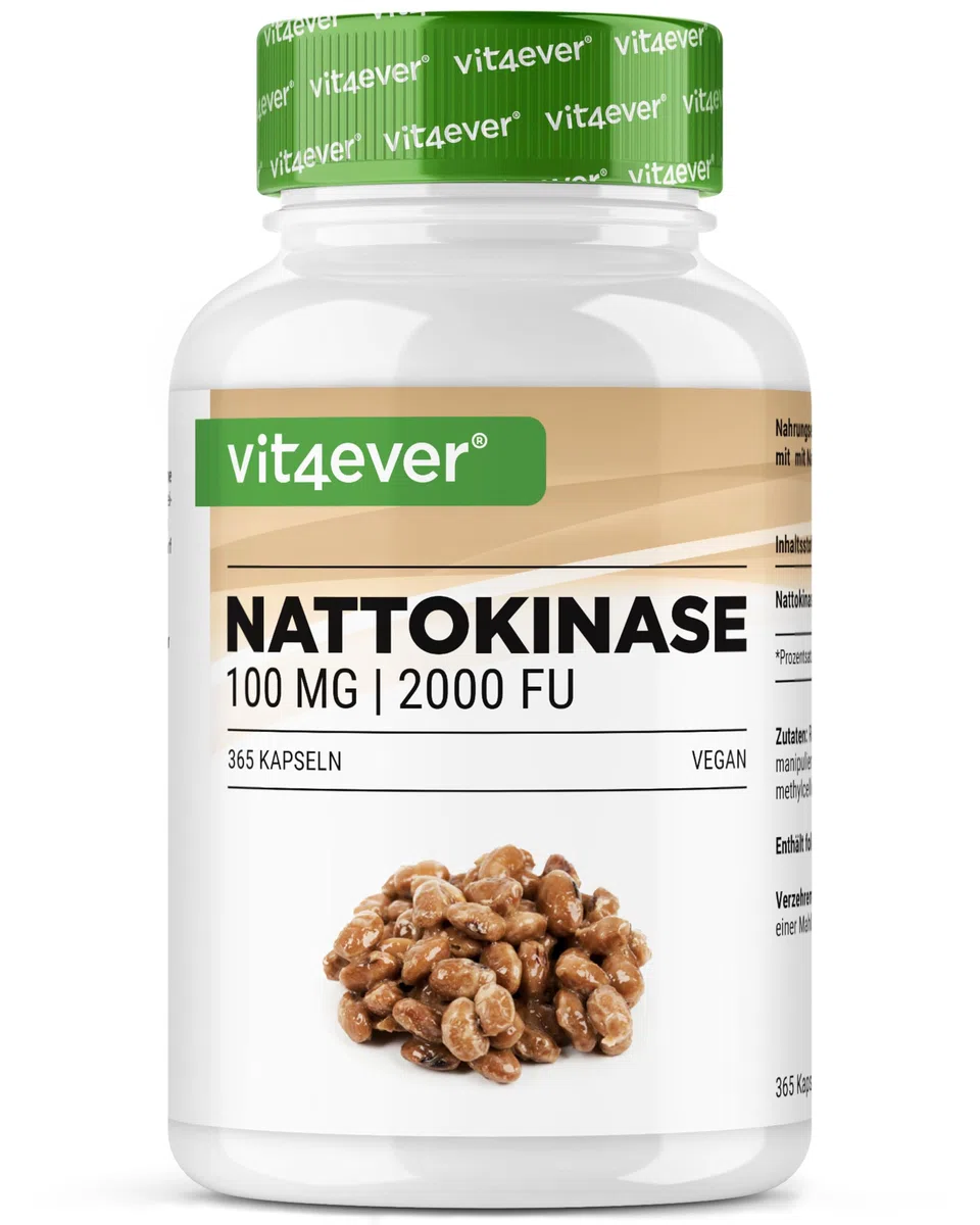vit4ever Nattokinase - 365 Capsule da 100 mg Nattokinasi (20.000 FU/g) - Scorta per 12 Mesi - Alto Dosaggio - Vegano - Senza OGM - Senza Additivi Inutili