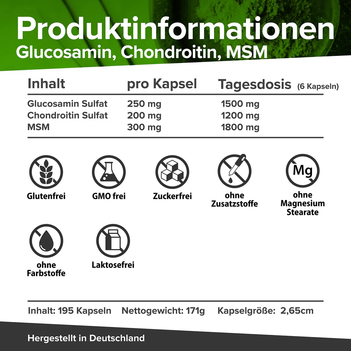 Pacchetto risparmio glucosamina, condroitina, MSM e acido ialuronico ad alto dosaggio in un mese bundle, 285 capsule