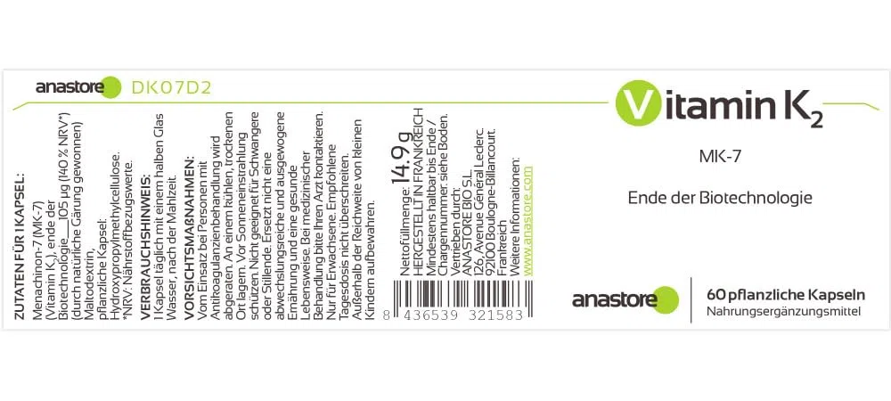 VITAMINA K2 * 105 μg / 60 capsule * Articolazioni (cartilagine, infiammazione), Cardiovascolare (circolazione), Ossatura * Vegano * Ottenuta mediante fermentazione naturale (MK-7)