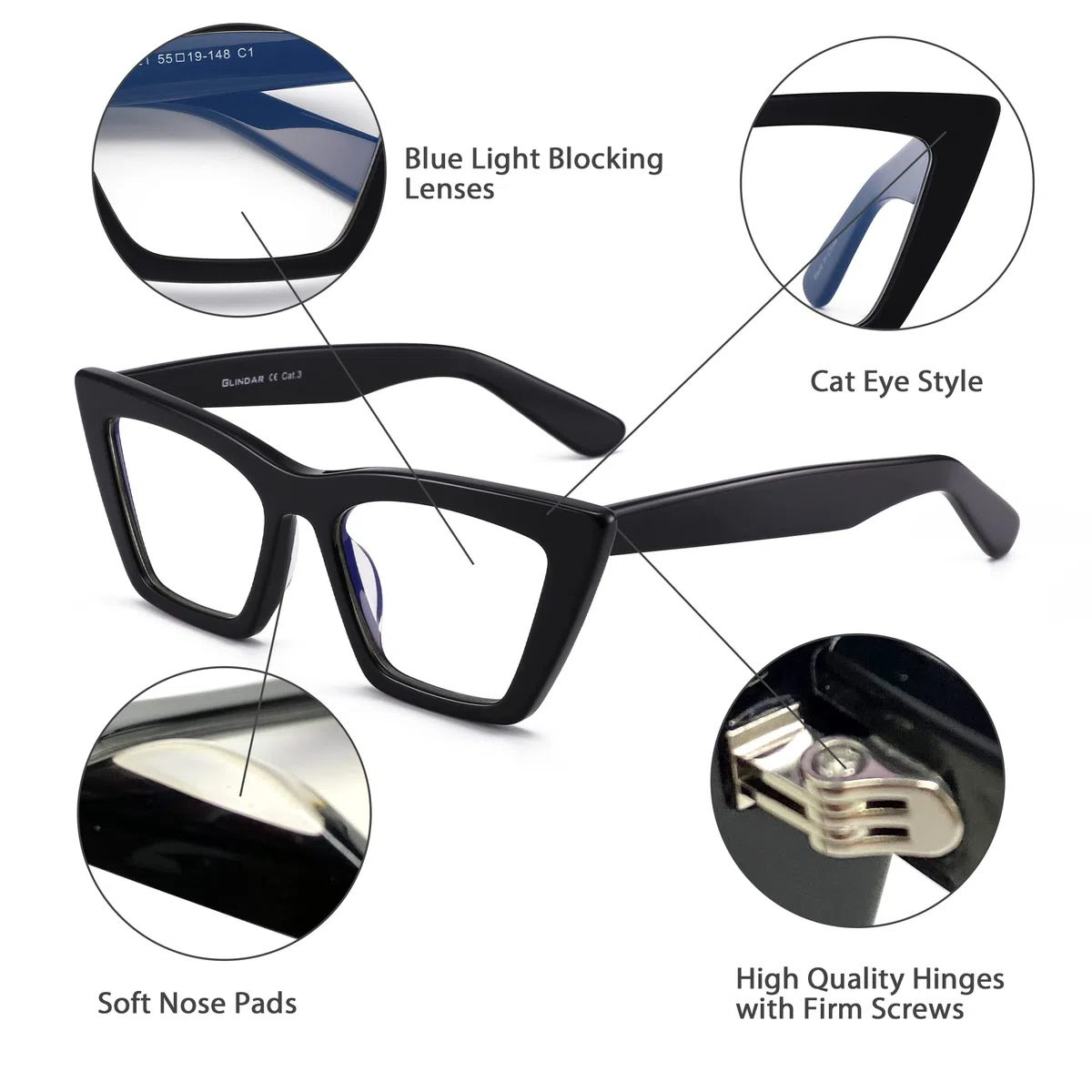 GLINDAR Occhiali Luce Blu Occhi di Gatto. Protezione contro Schermi e Monitor. Montatura in Acetato di Alta Qualità - Per Donna.