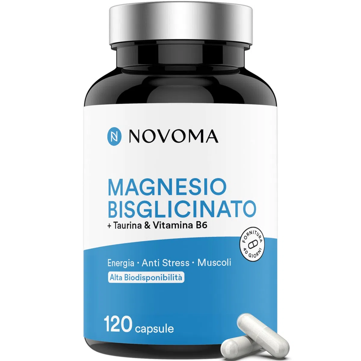 NOVOMA Magnesio Completo, Magnesio Bisglicinato Con Taurina e Vitamina B6, Dosaggio Potente & Alta Biodisponibilità, Contro lo Stress e la Stanchezza, 120 capsule Vegane