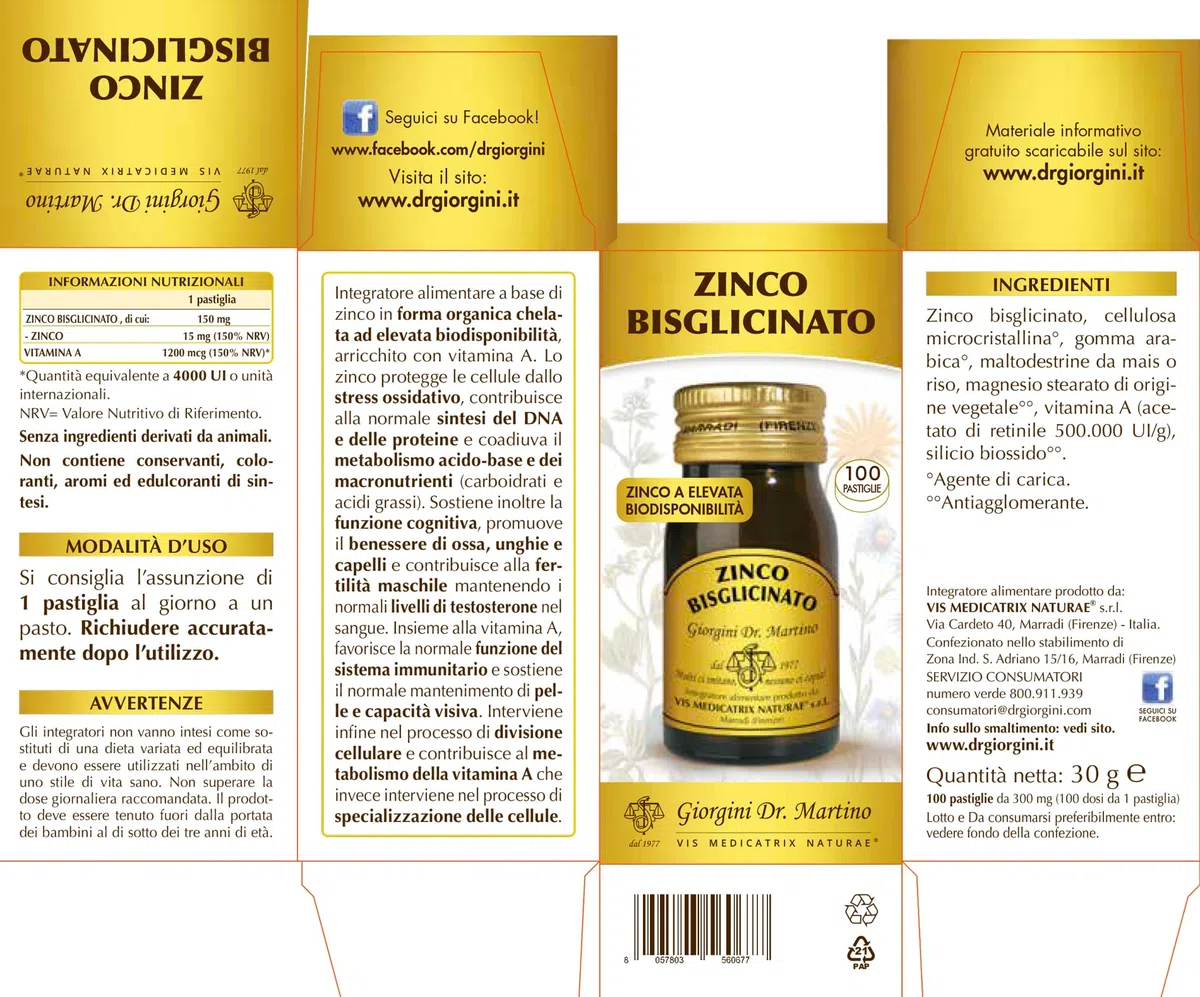 ZINCO BISGLICINATO pastiglie - 30 g (integratore di zinco forma organica chelata ad elevata biodisponibilità, arricchito con vitamina A - DOSI PER 100 GIORNI, più di 3 mesi di scorta)