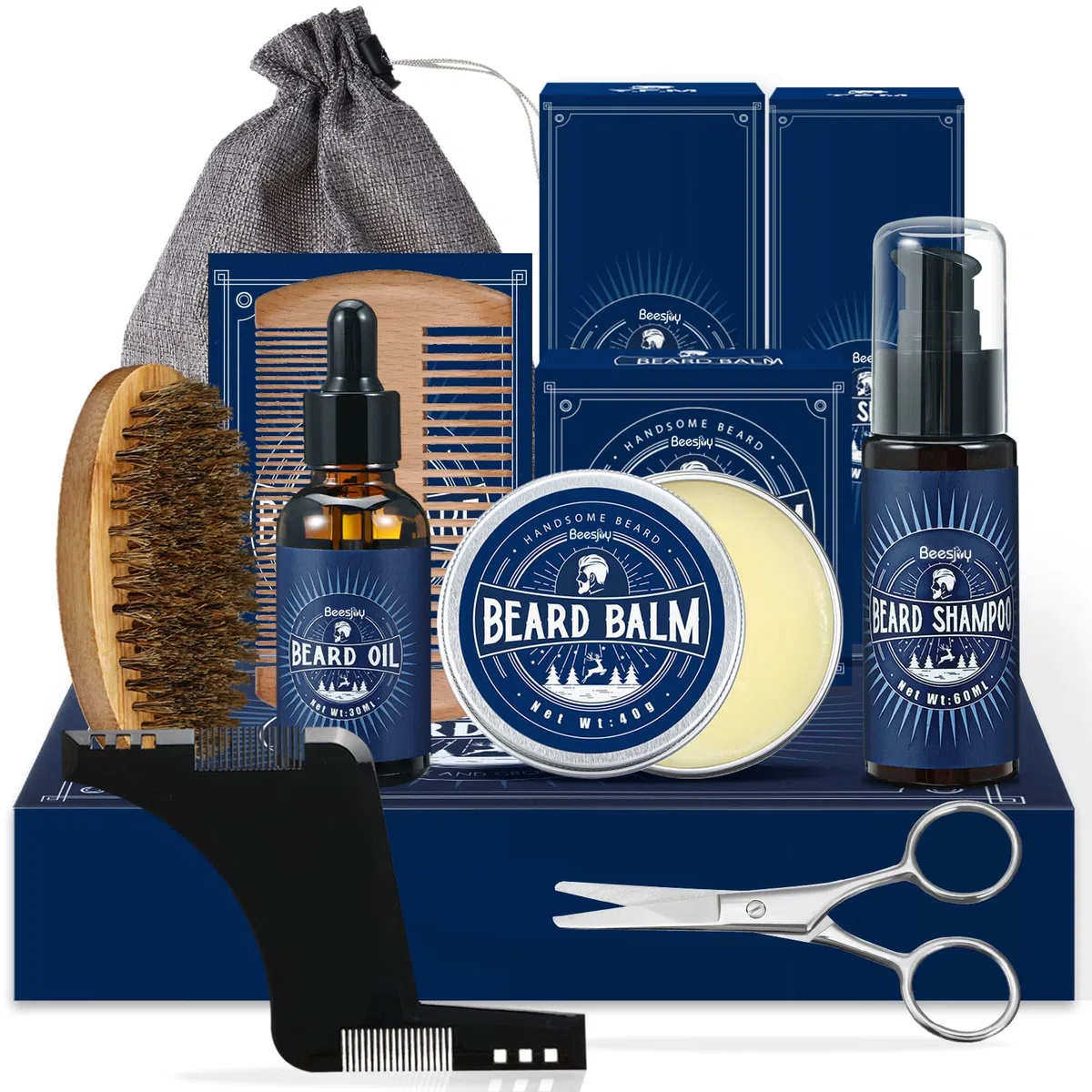 Beesjuy 11 In 1 Kit Barba per Uomo, Kit Barba Uomo Professionale, con 30ML Olio per Barba, 60ML Shampoo per Barba, 40g Balsamo per Barba,Pettine, Spazzola per Barba,Forbici, Regali di Natale Uomo