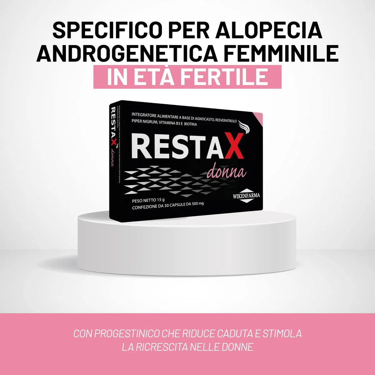 RestaX Donna integratore specifico per alopecia androgenetica femminile in età fertile con Agnocasto, Resveratrolo, Biotina. Con progestinico che riduce caduta e stimola la ricrescita nelle donne