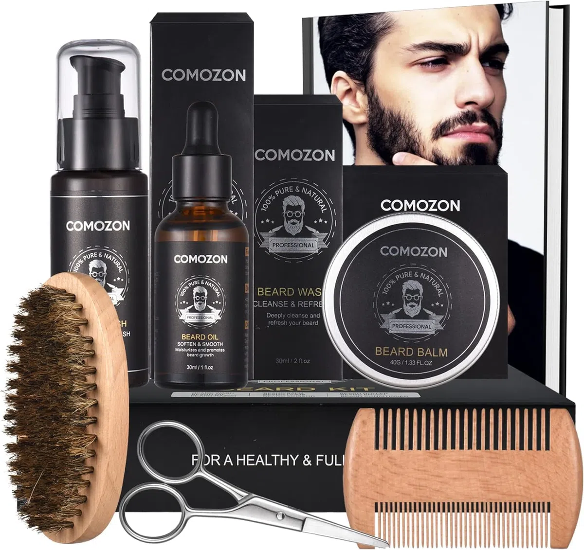 Kit Barba Uomo comozon Naturale Set Barba Uomo Regalo con Balsamo Barba, Olio Barba, Shampoo Barba, Regola Barba, Pettine Barba, Spazzola Barba