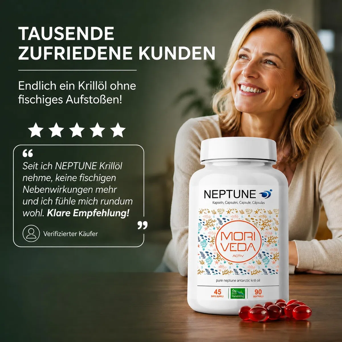MoriVeda Neptune Capsule di olio di krill, Omega 3-6-9 EPA DHA Antiossidanti, vitamina E, colina, fosfolipidi, elevata biodisponibilità, 90 pezzi