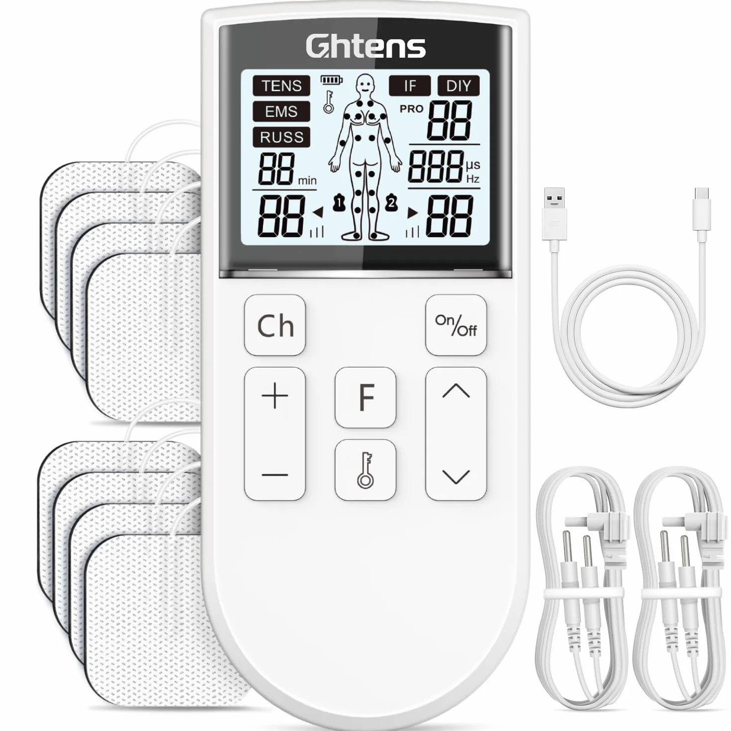 GHTENS 5 in 1 Elettrostimolatore Muscolare Professionale, Ricaricabile 80 Modalità con TENS/EMS/RUSS/IF/DIY Massaggio, 2 Canali, 16 Intensità per Alleviare il Dolore