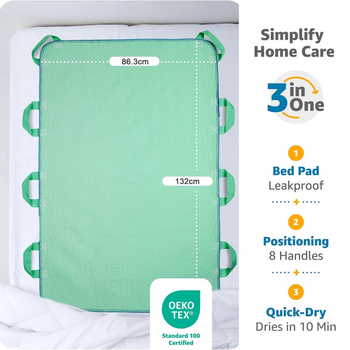 Traverse Letto Anziani con 8 Maniglie Rinforzate, Asciugatura Rapida 10 Min, Lavabile, Impermeabile, per Anziani e Incontinenti, 86x132cm