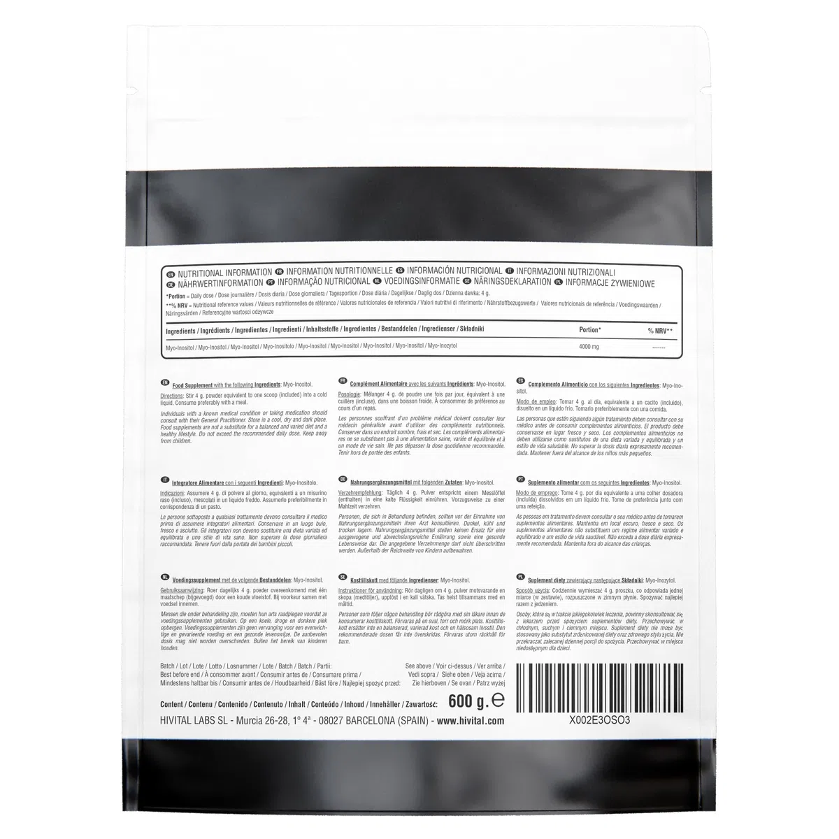 Myo Inositolo 4000 mg. Pack da 600 g. per 5 mesi di trattamento. Regolatore ormonale 100% Vegano. Il Myo-Inositolo per aiutare con la PCOS o PCOS. Prodotto in Europa da HIVITAL