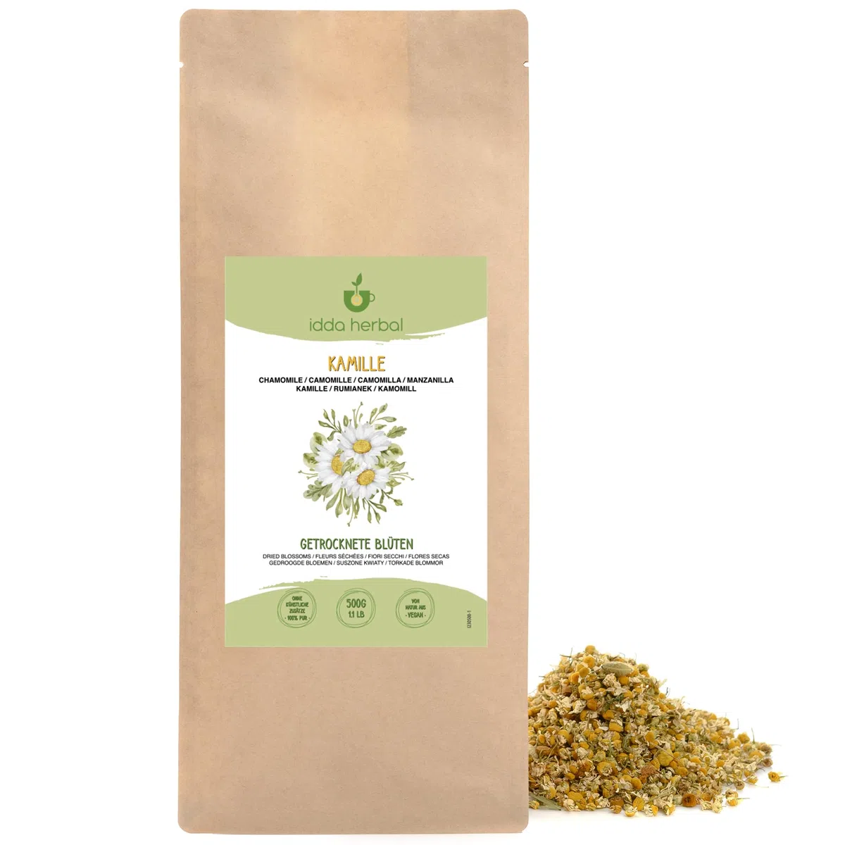 IDDA Herbal Camomilla Tisana 500g, Camomilla Fiori Essiccati Interi di Qualità Premium, Tè Sfuso